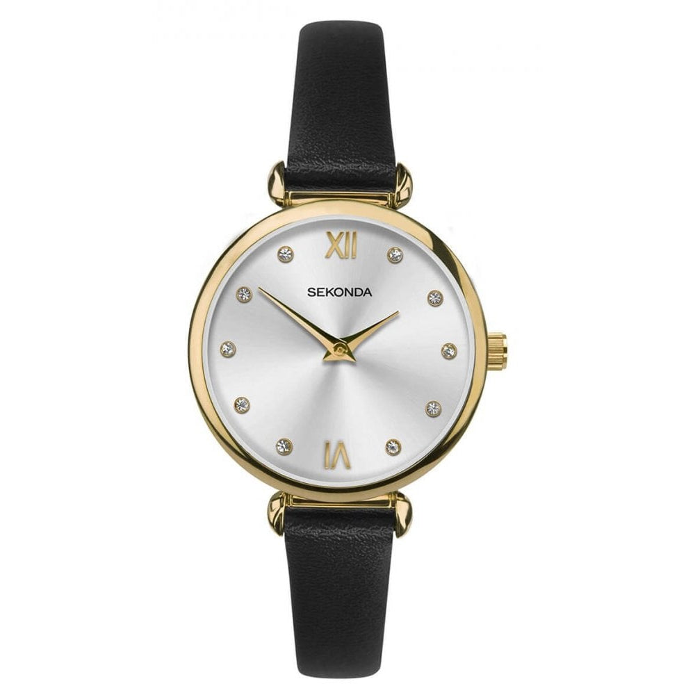 Black Leather Strap With Gold Plated Case & Silver Stone Set Dial Ladies Watch