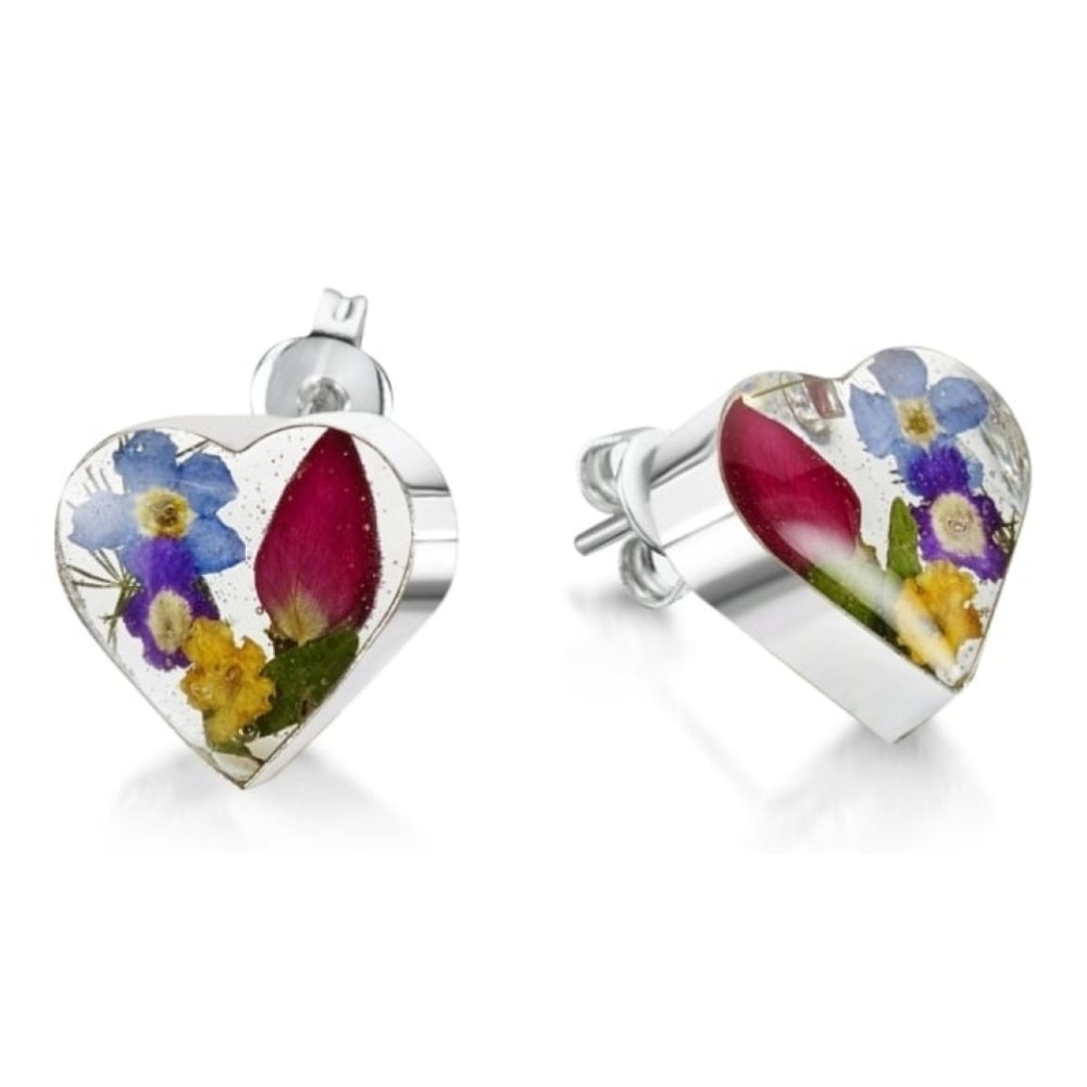 Silver Stud Earrings - Mixed Flowers, Yellow - Small Heart