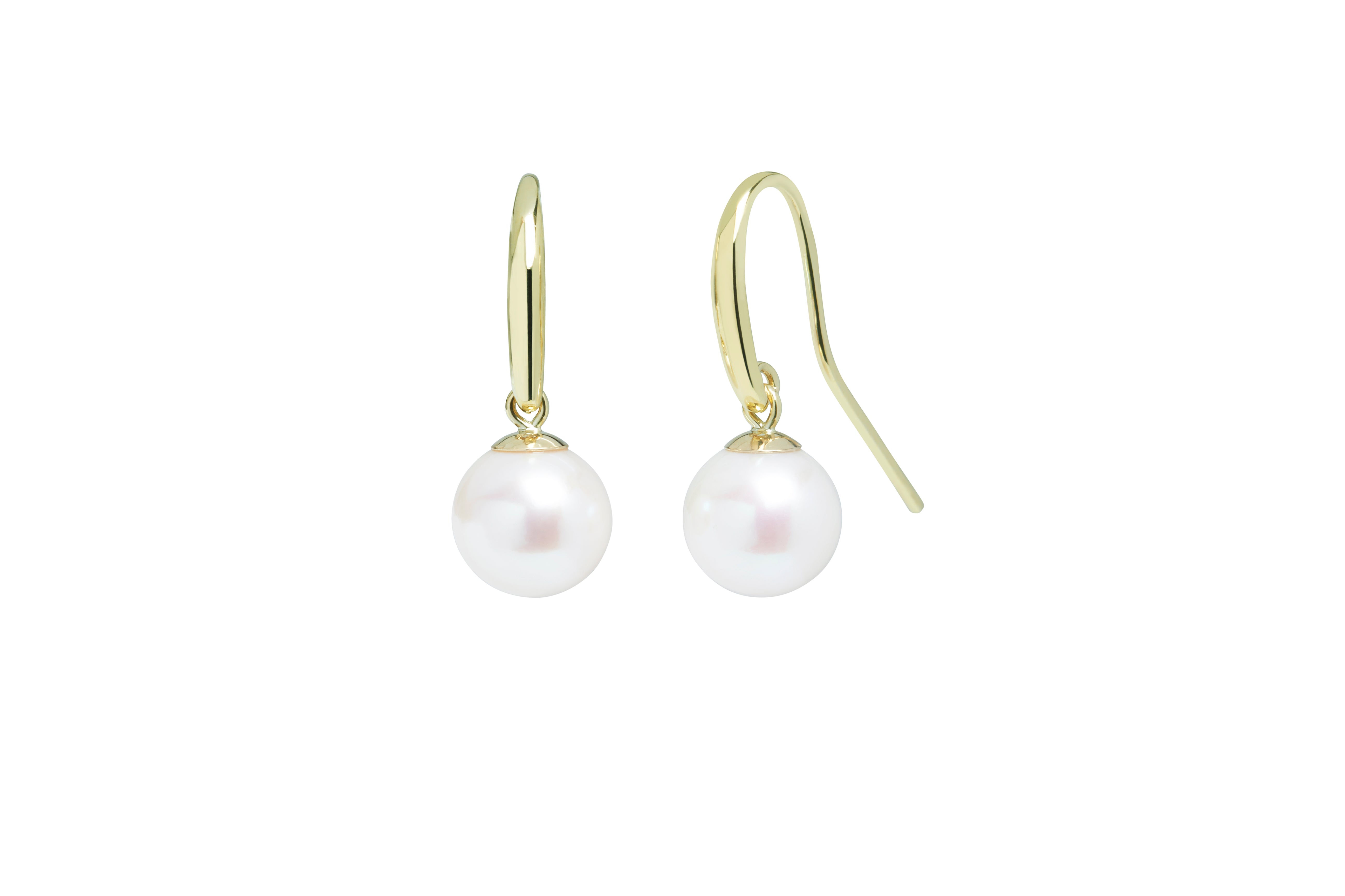 Shepherds Crook & Cap 8-8.5mm White Teardrop Pearl YG Earrings