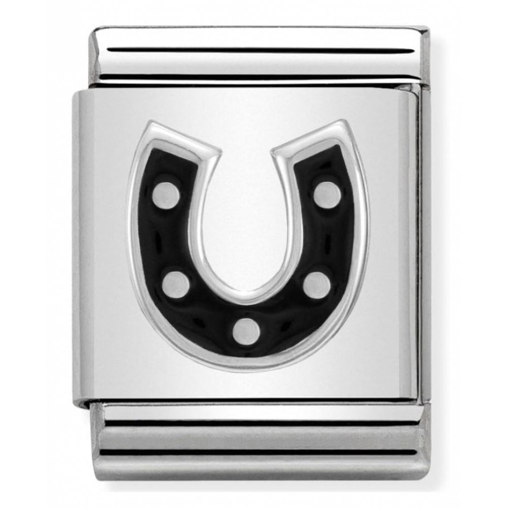 Horseshoe Black Symbol Composable Stainless Steel, Enamel And Sterling Silver Big Charm