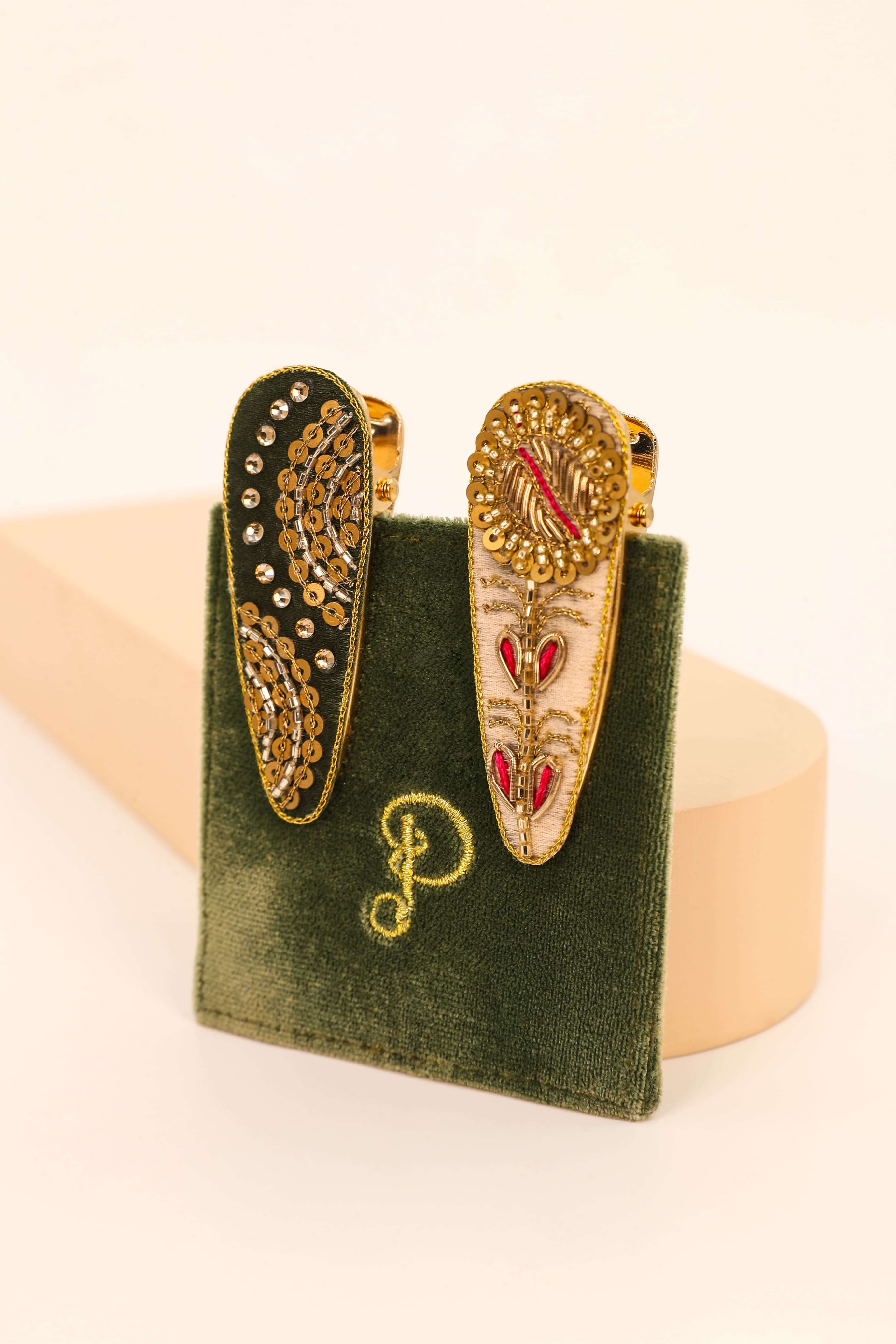 Sunrise Floral In Fern/Petal Jewelled Hair Clips