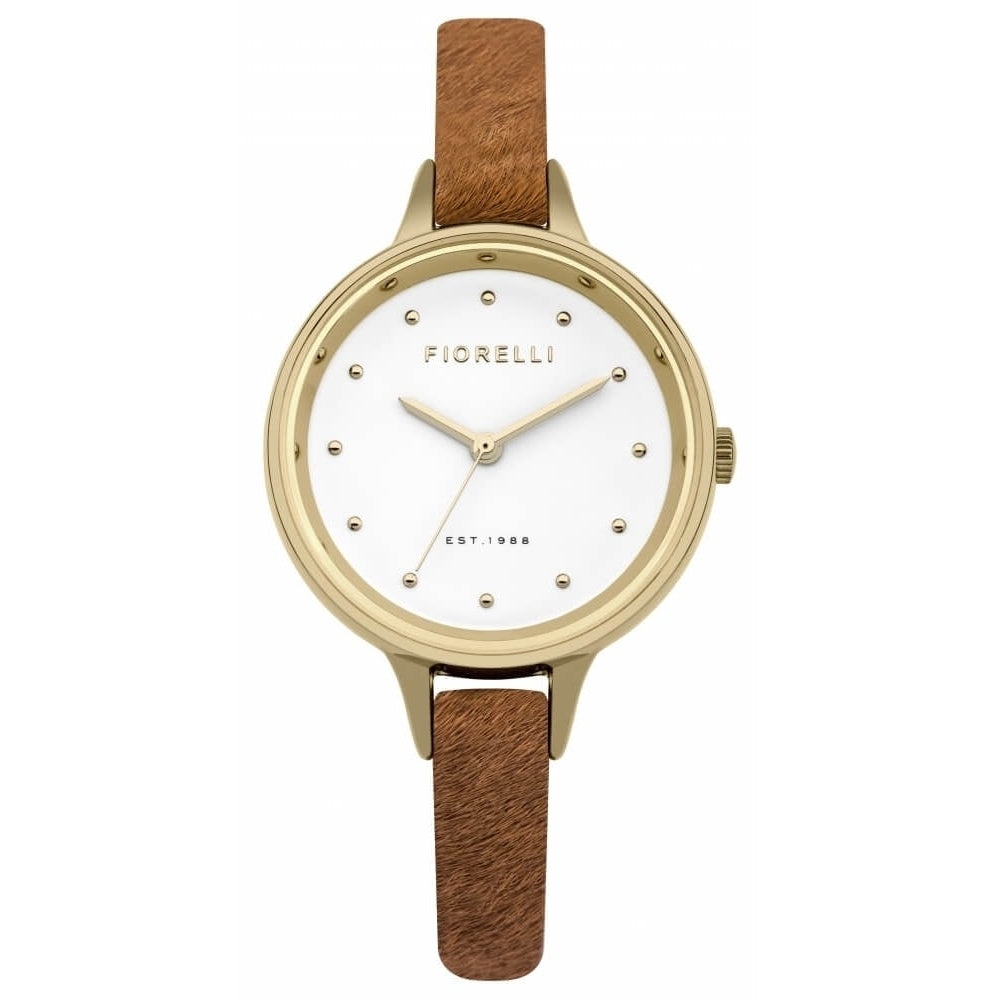 Tan Pony Fur Leather Strap Watch With Cream Dial