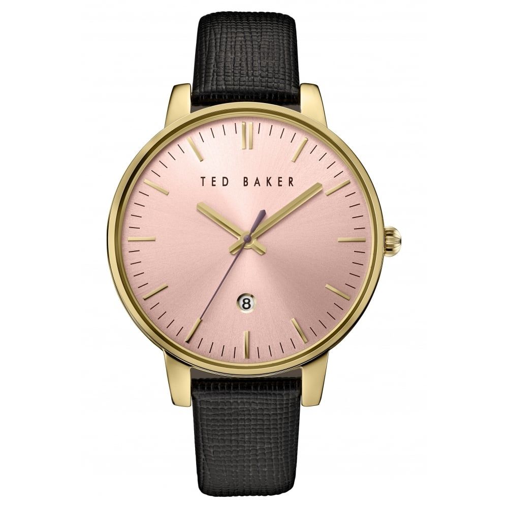 Black leather Pink Face Gold Plated Date Display Watch