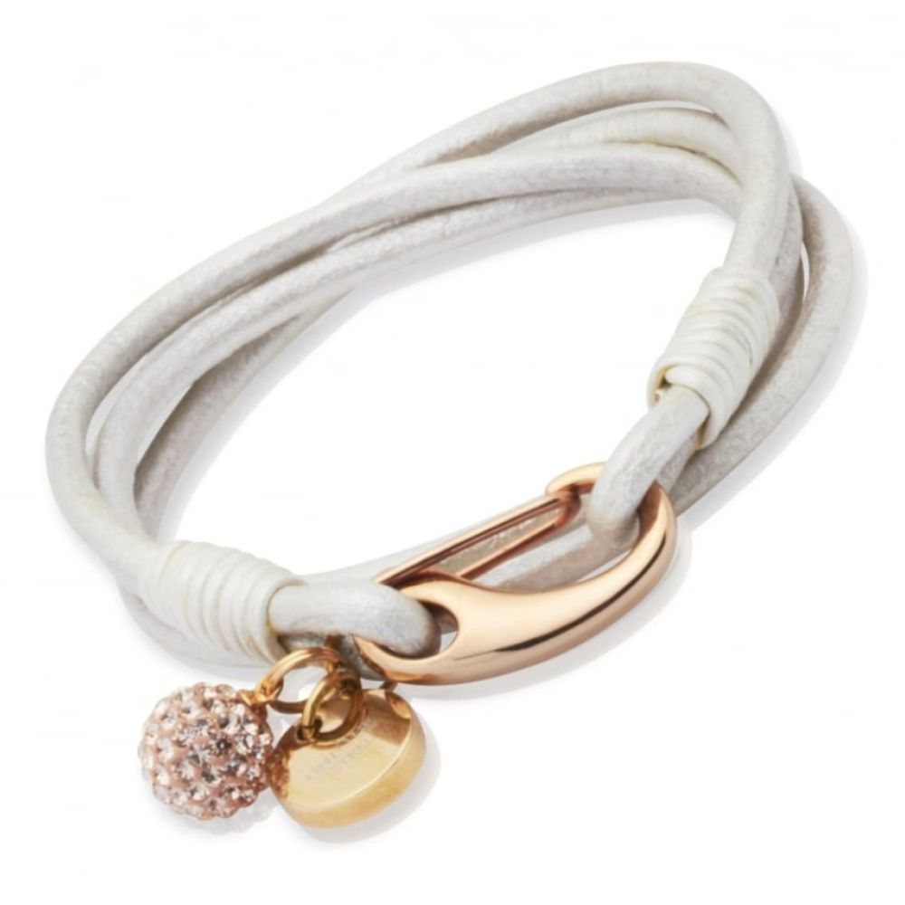 Pearl Leather Bracelet Rose Steel Clasp and Rose Crystal Ball