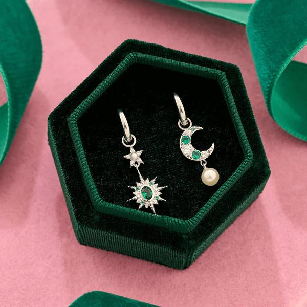 Luna Mismatch Moon & Star Huggies In Emerald CZ & Silver