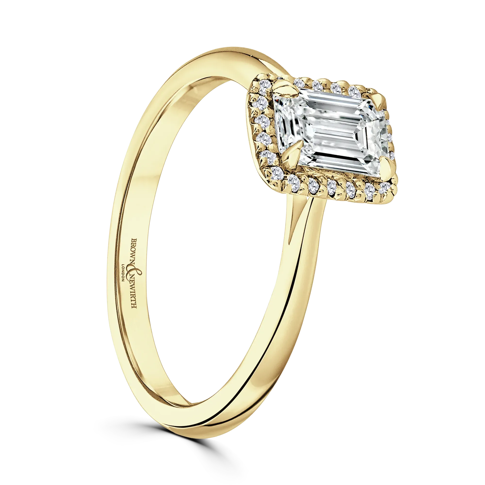18ct Yellow Gold Classic Bloom Plain Shoulder Emerald Cut Halo Ring