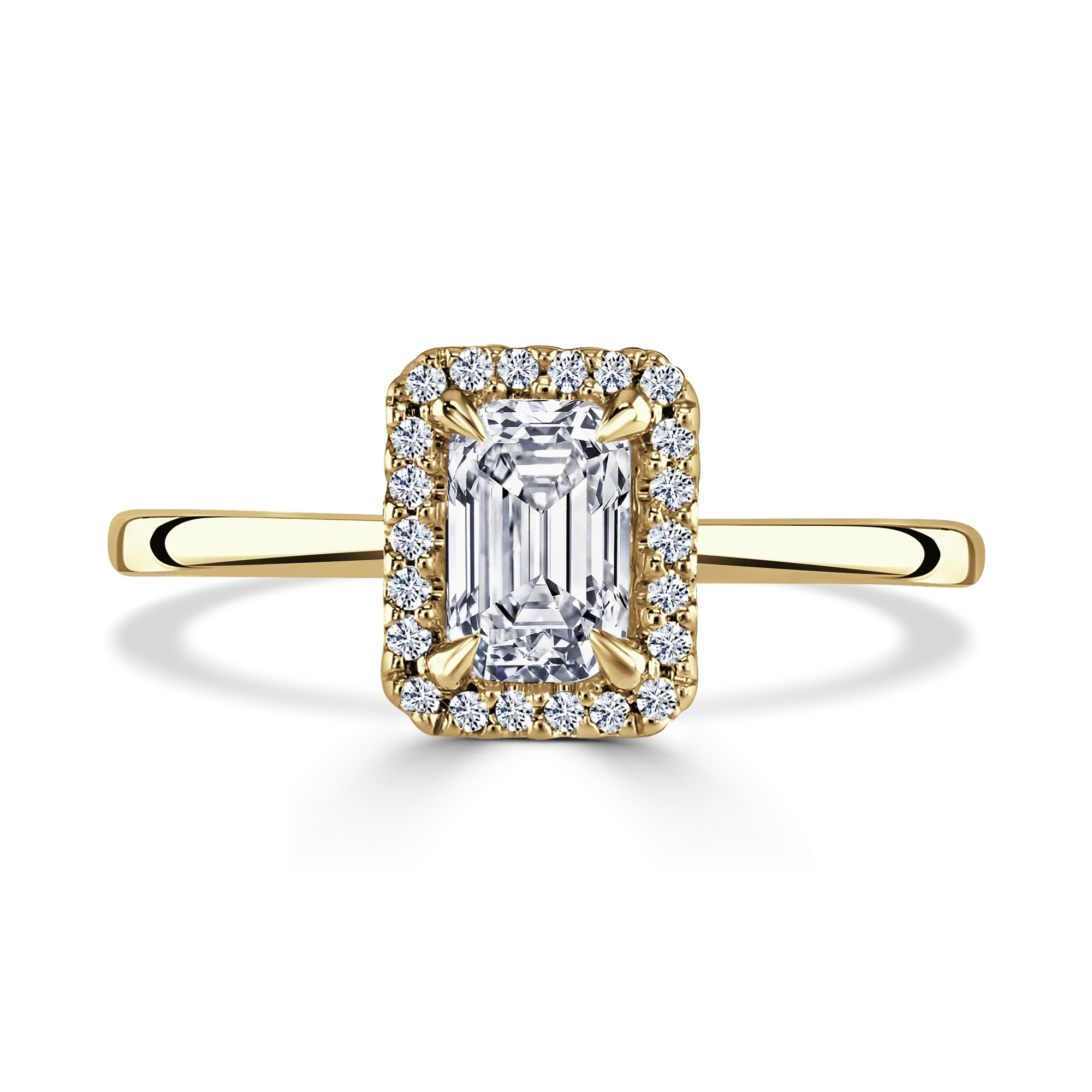18ct Yellow Gold Classic Bloom Plain Shoulder Emerald Cut Halo Ring