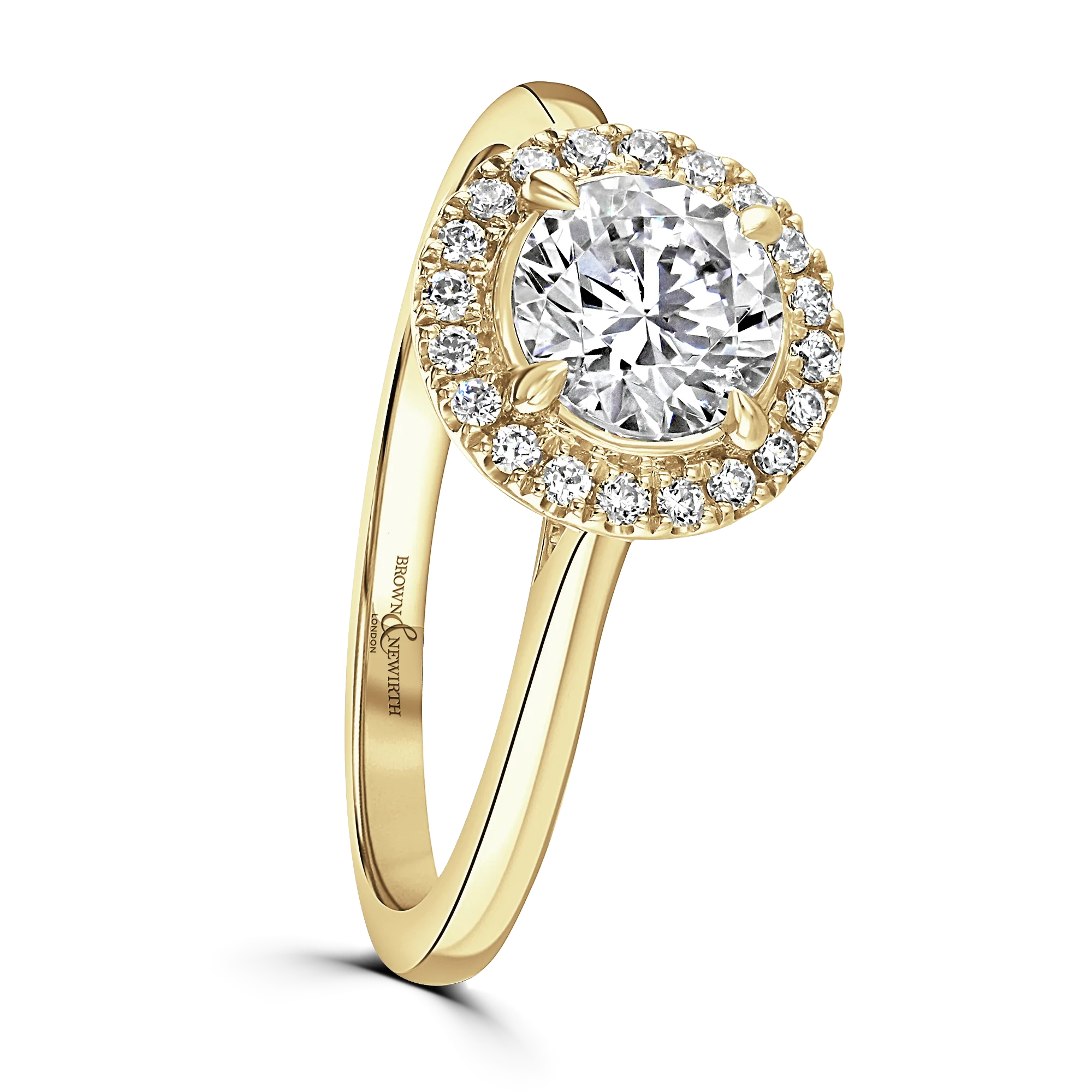 18ct Yellow Gold Classic Bloom Plain Shoulder Round Brilliant Cut Halo Ring