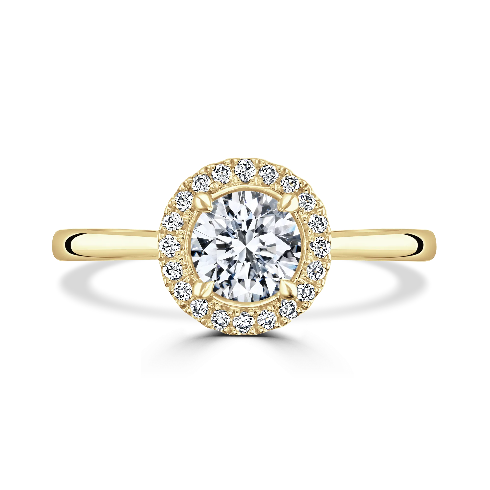 18ct Yellow Gold Classic Bloom Plain Shoulder Round Brilliant Cut Halo Ring