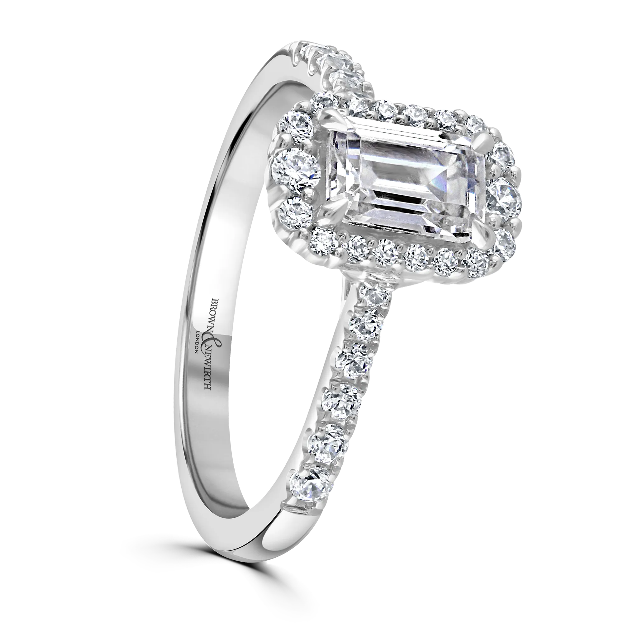Emerald Cut Graduated Halo With Diamond Set Shoulders Platinum Ring