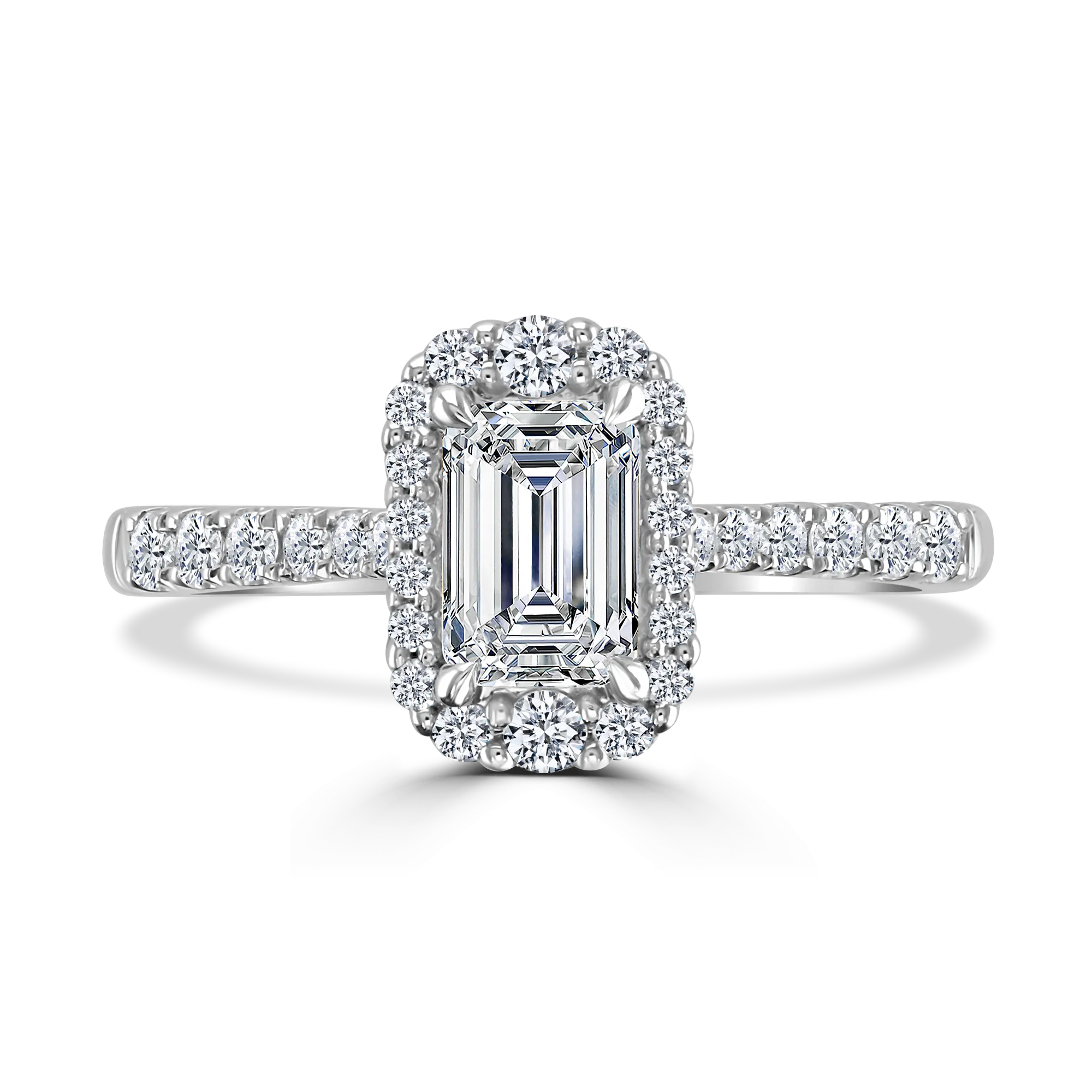 Emerald Cut Graduated Halo With Diamond Set Shoulders Platinum Ring