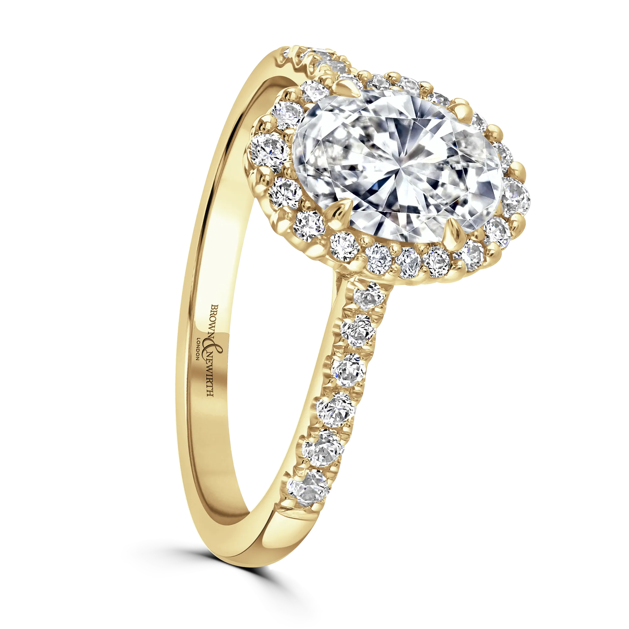 18ct Yellow Gold 1ct Graduated Halo Oval Cut Diamond With Diamond Shoulders Ring