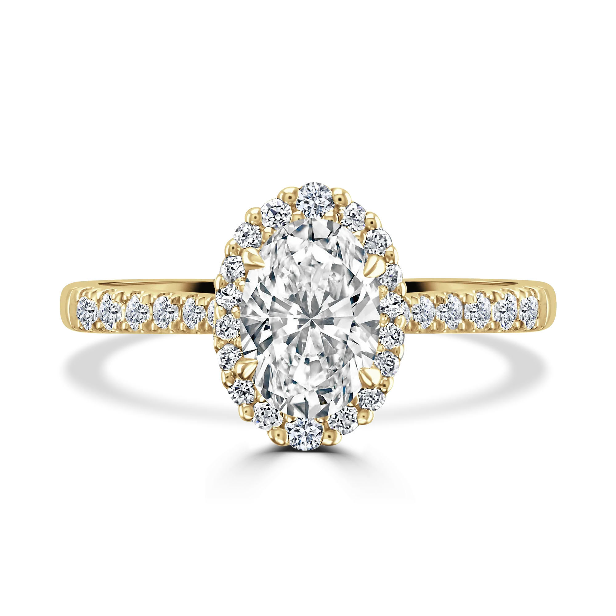 18ct Yellow Gold 1ct Graduated Halo Oval Cut Diamond With Diamond Shoulders Ring