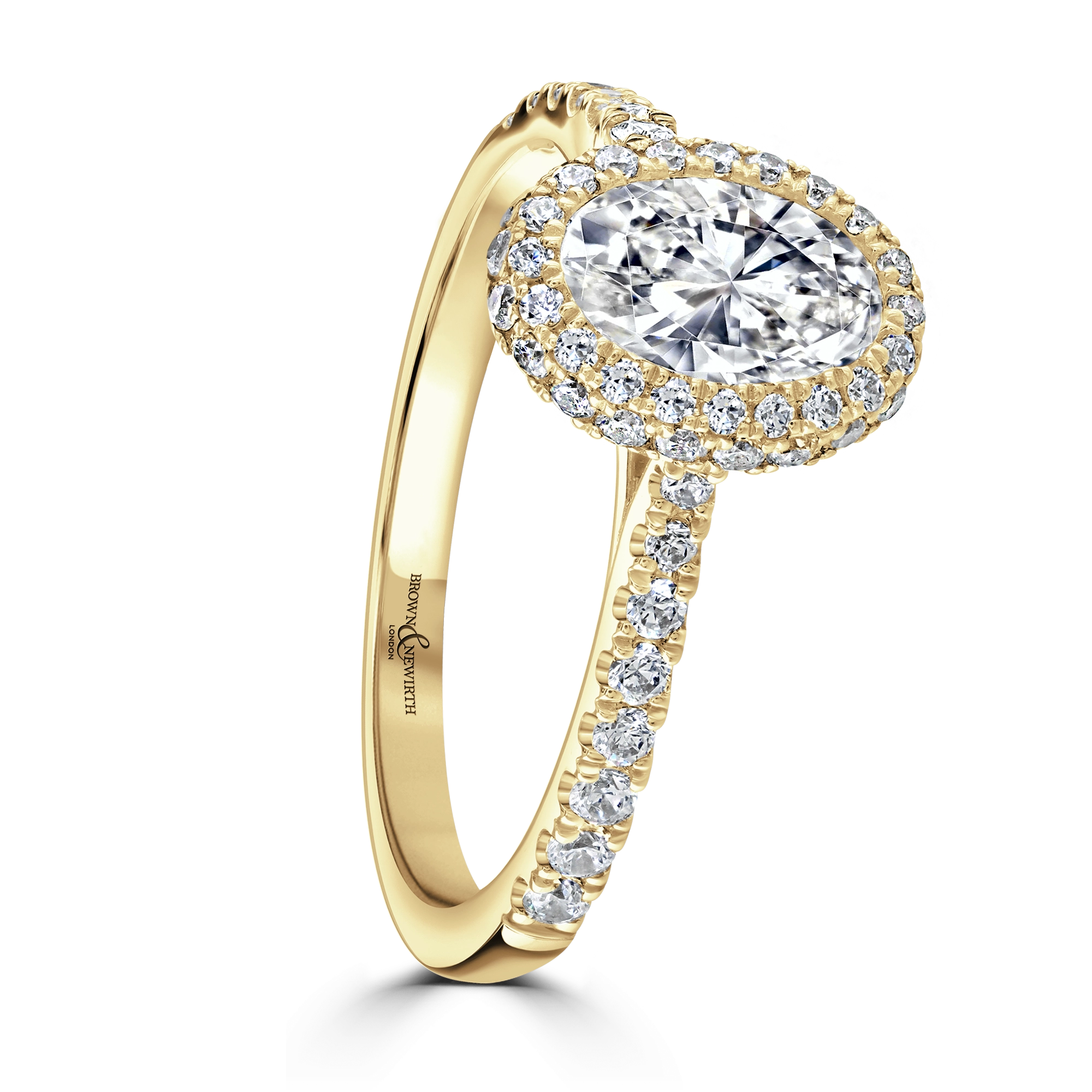 18ct Yellow Gold Waterfall Oval Cut Halo Ring With Round Cut Shoulders