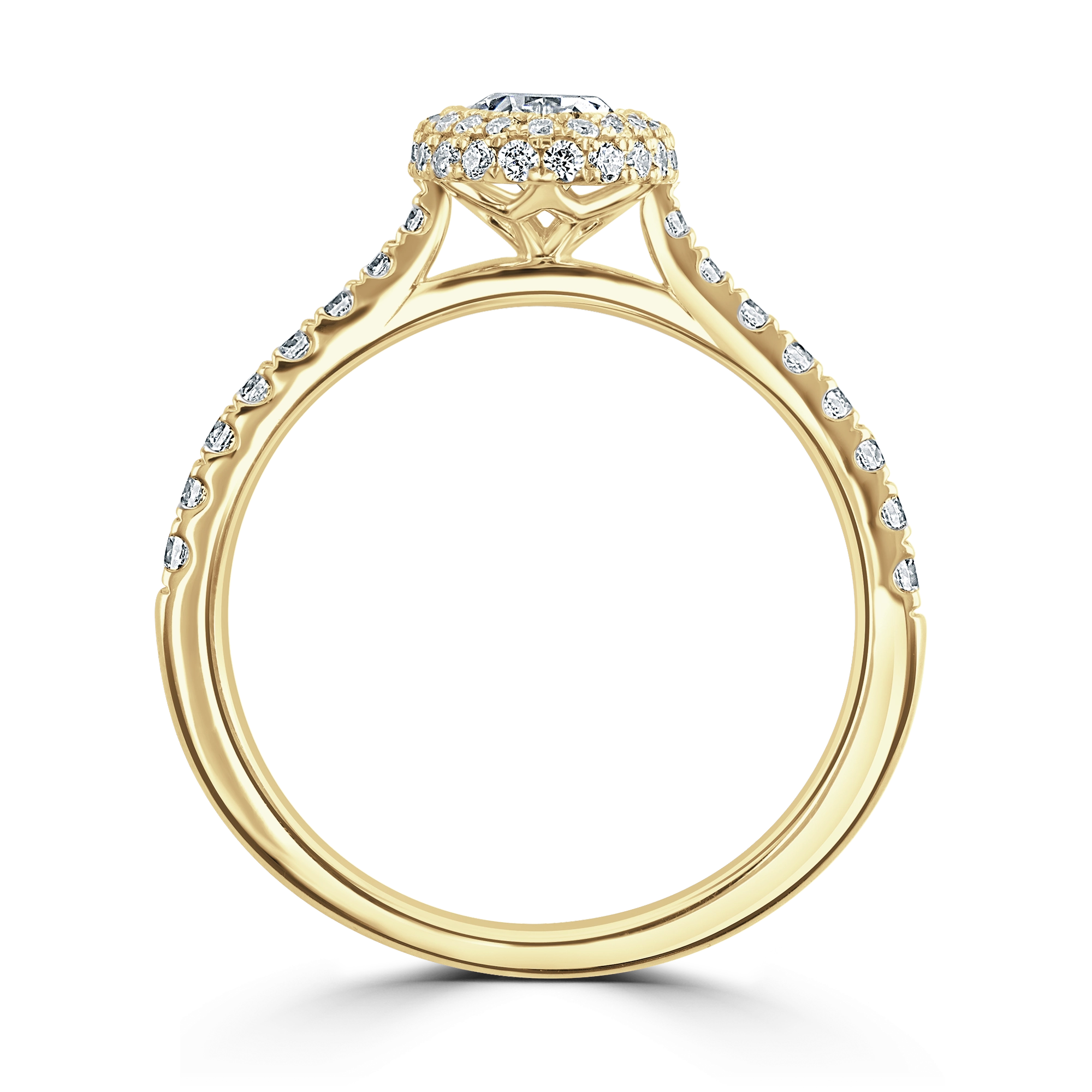 18ct Yellow Gold Waterfall Oval Cut Halo Ring With Round Cut Shoulders