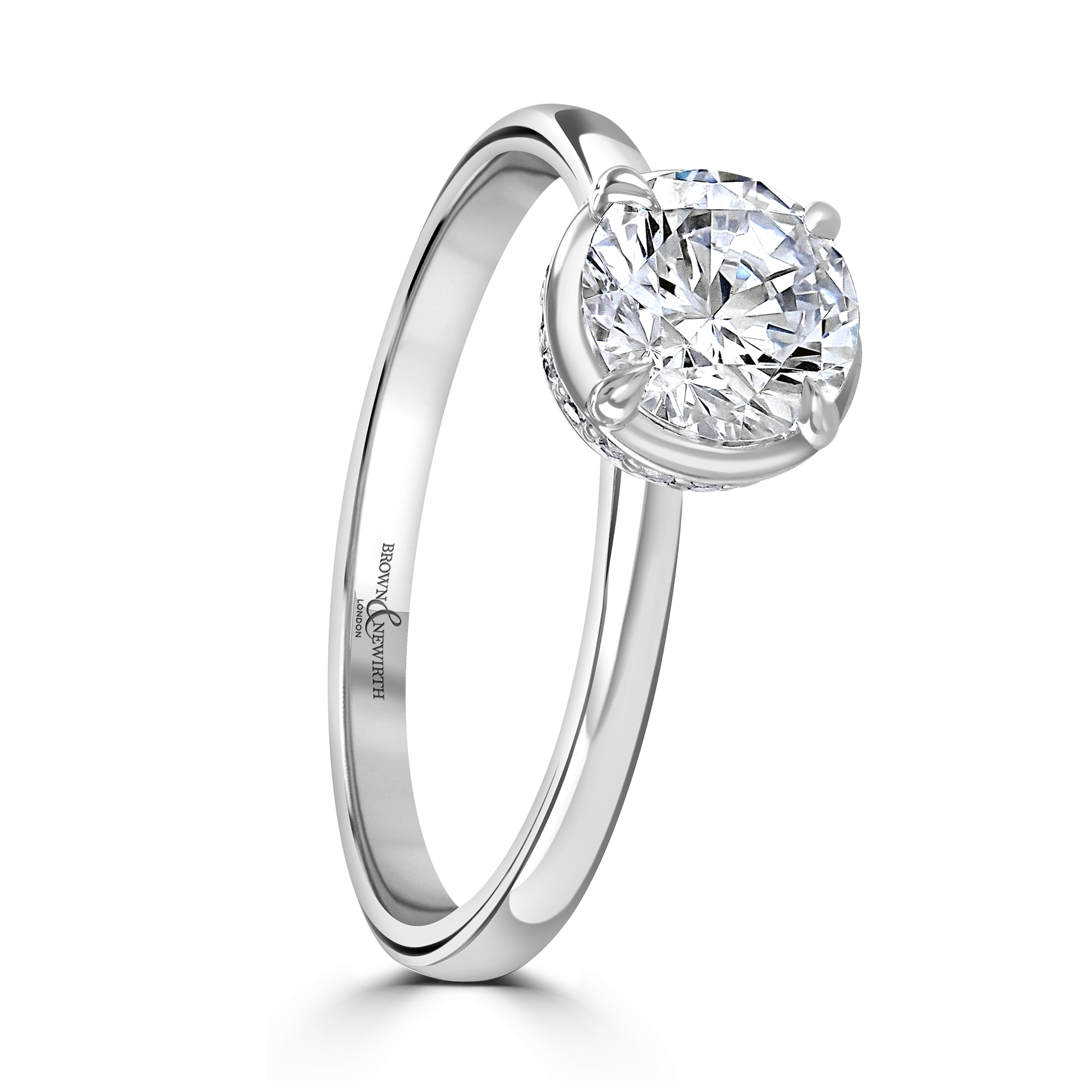 Platinum Diamond Solitaire Brilliant Round Cut Ring With Pave Set Under Bezel Setting