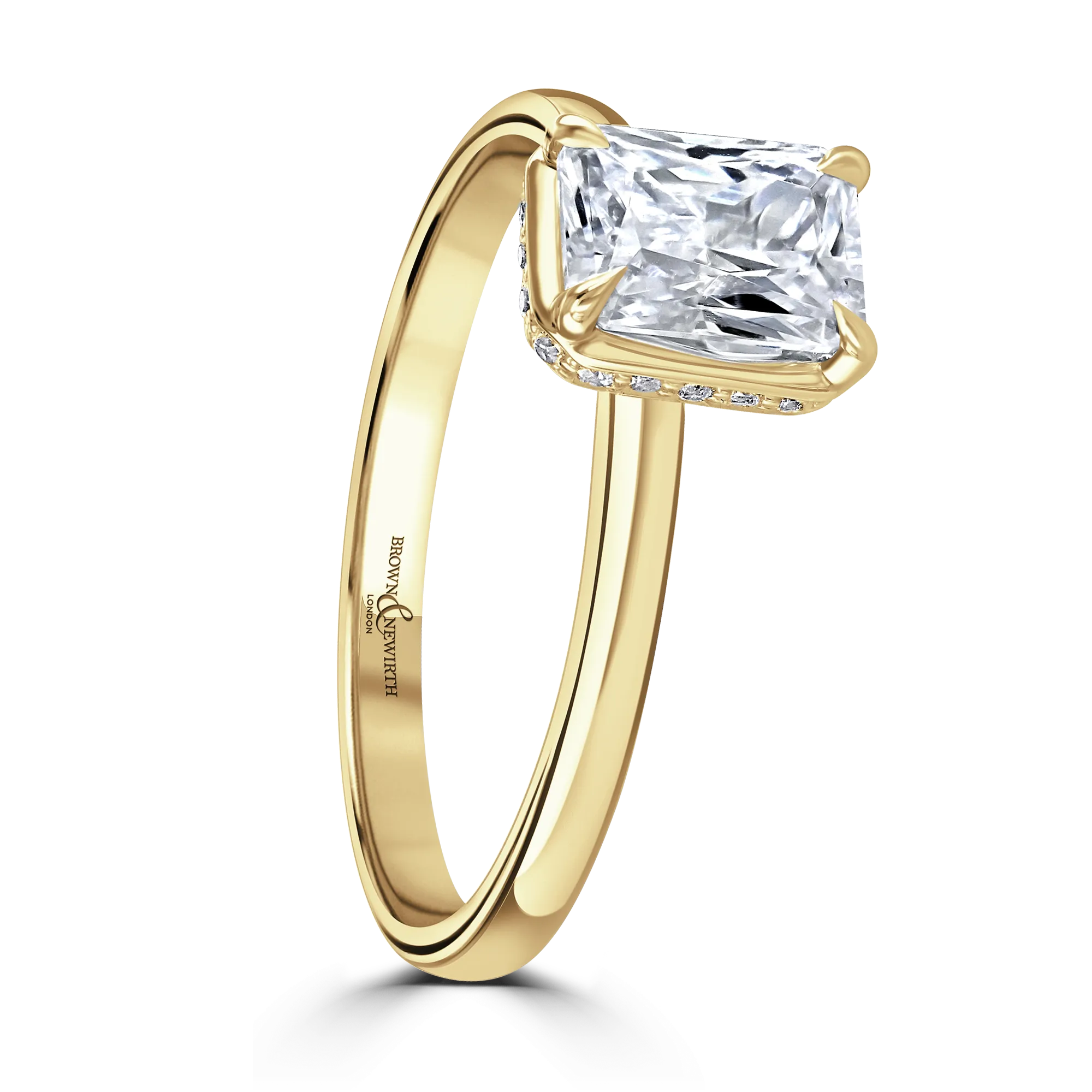18ct Yellow Gold Ring With LG Diamond Solitaire Radiant Cut & Pave Set Under Bezel Setting