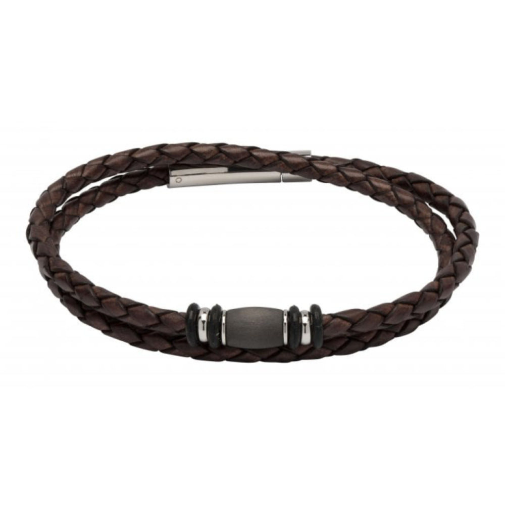 Dark Brown Leather Thin Bracelet With Steel Elements And Carbon Fiber