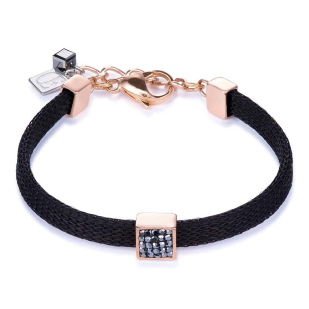 Black Leather Bracelet With Rose Gold Tone Element & Pave Set Crystals