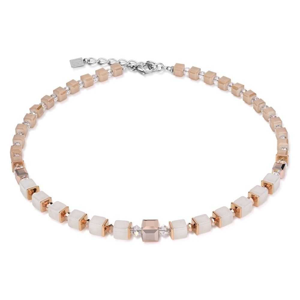 Beige & Rose Gold Plated Cube Necklace With Swarovski Crystals