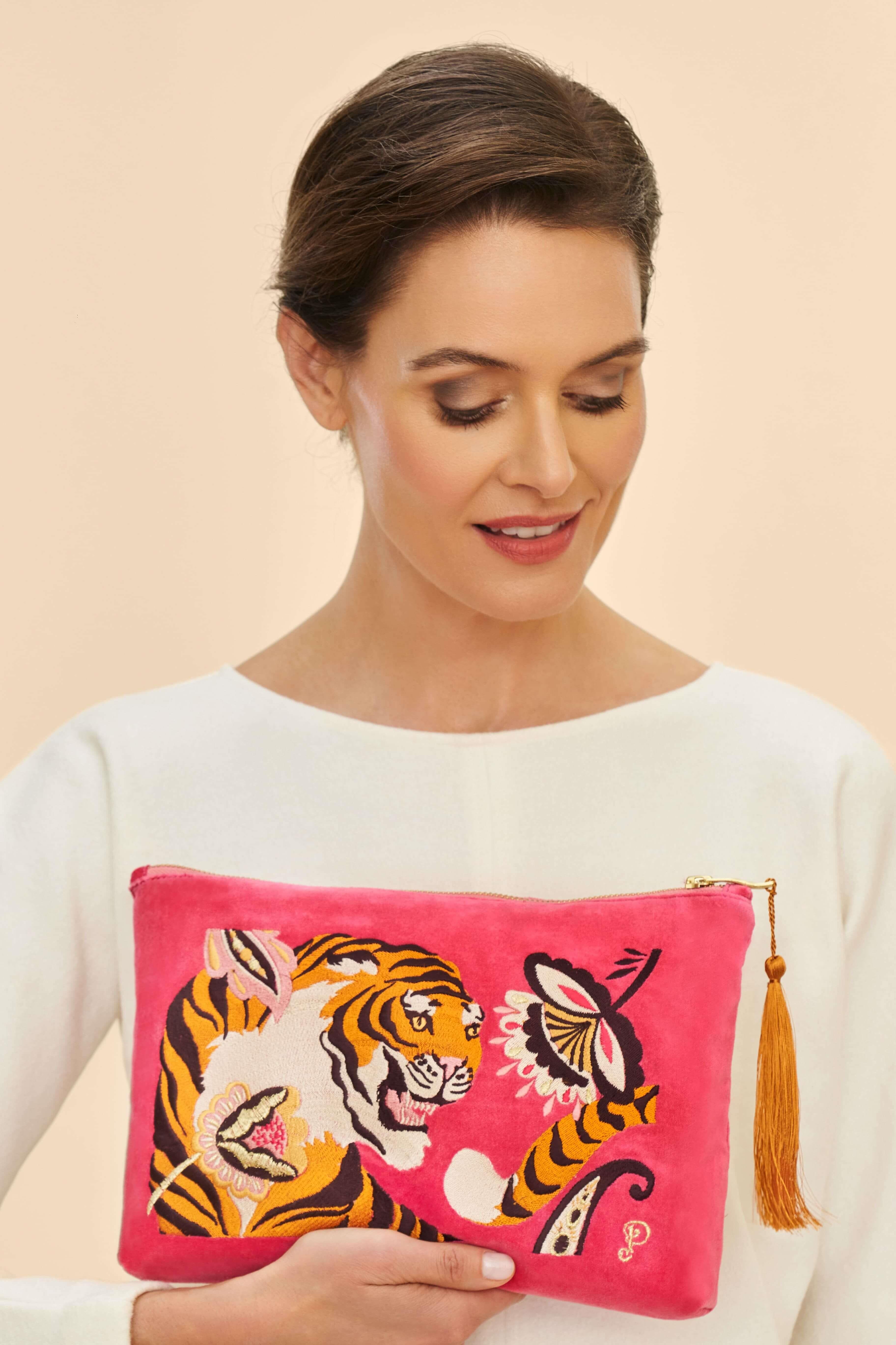 Velvet Embroidered Zip Pouch - Thrill of the Tiger