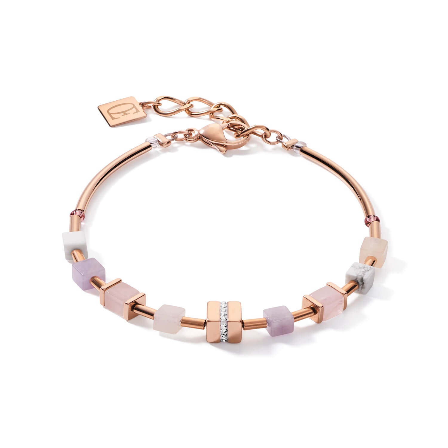 Rose-Beige Big Geo Cubes With Crystals Rose Gold Plated Bracelet