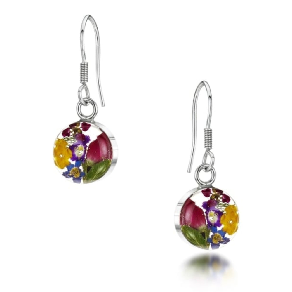 Silver Drop Earrings - Mixed Flowers, Yellow - Small Round