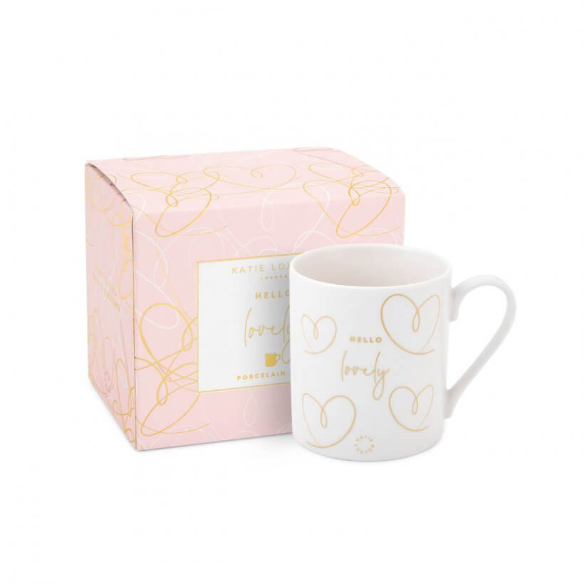 Boxed Porcelain Mug | Hello Lovely | White And Gold
