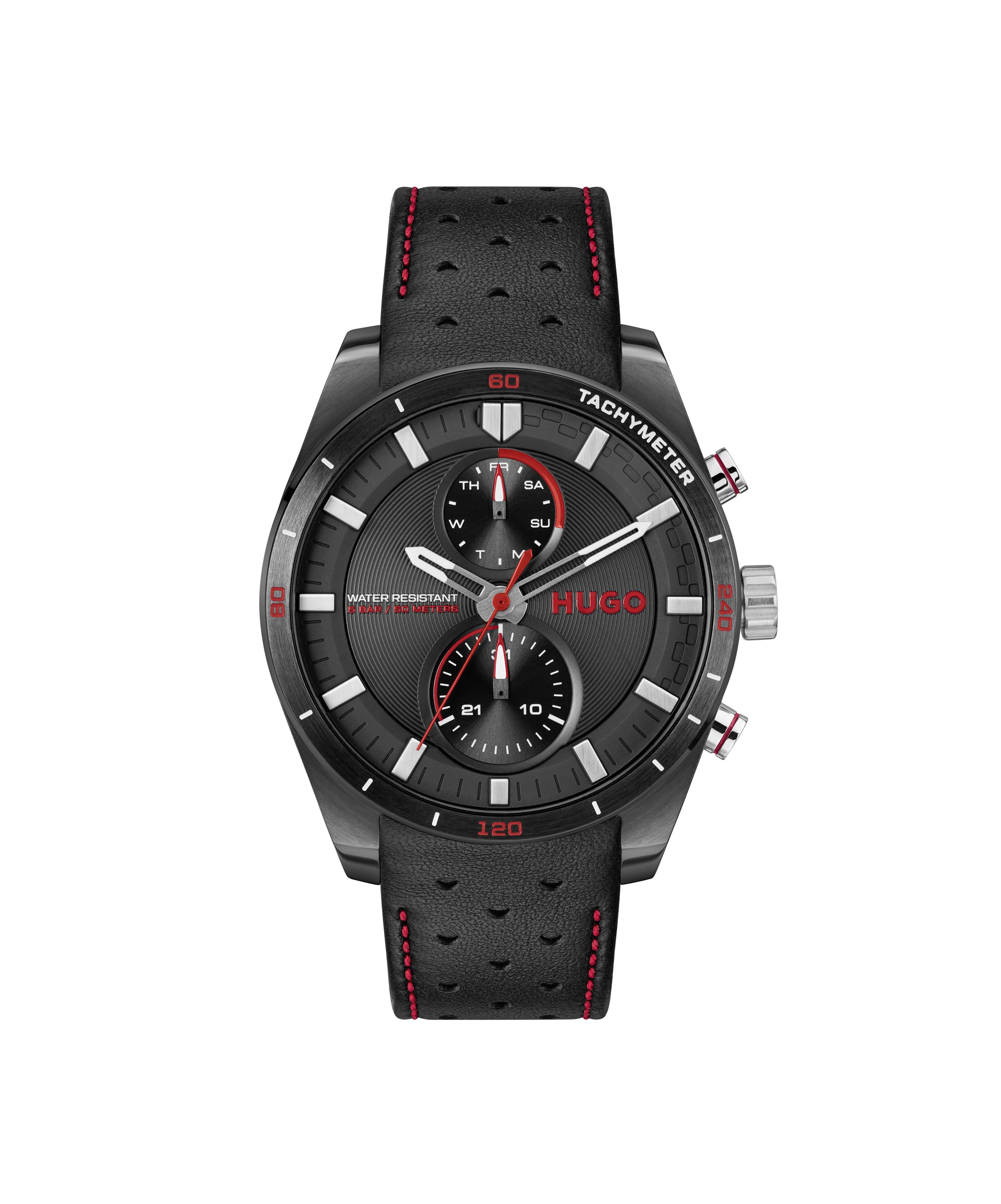 #Fast Black Dial With Black Leather Strap Men's Watch