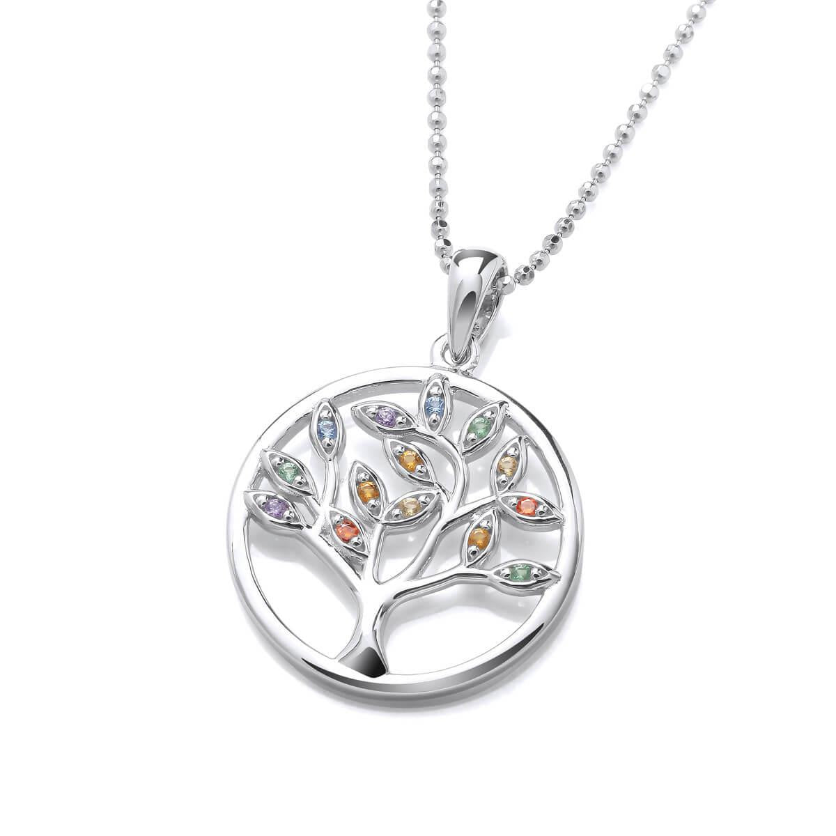 Rainbow Cubic Zirconia Tree of Life Design Pendant With Silver Chain