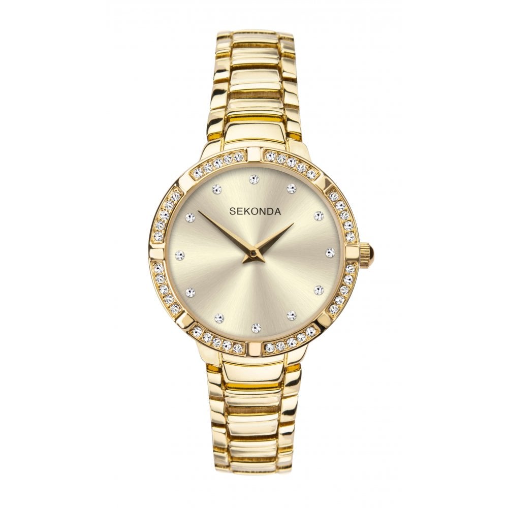 Gold Plated Bracelet Strap & Case With Stone Set Champagne Dial Ladies Watch
