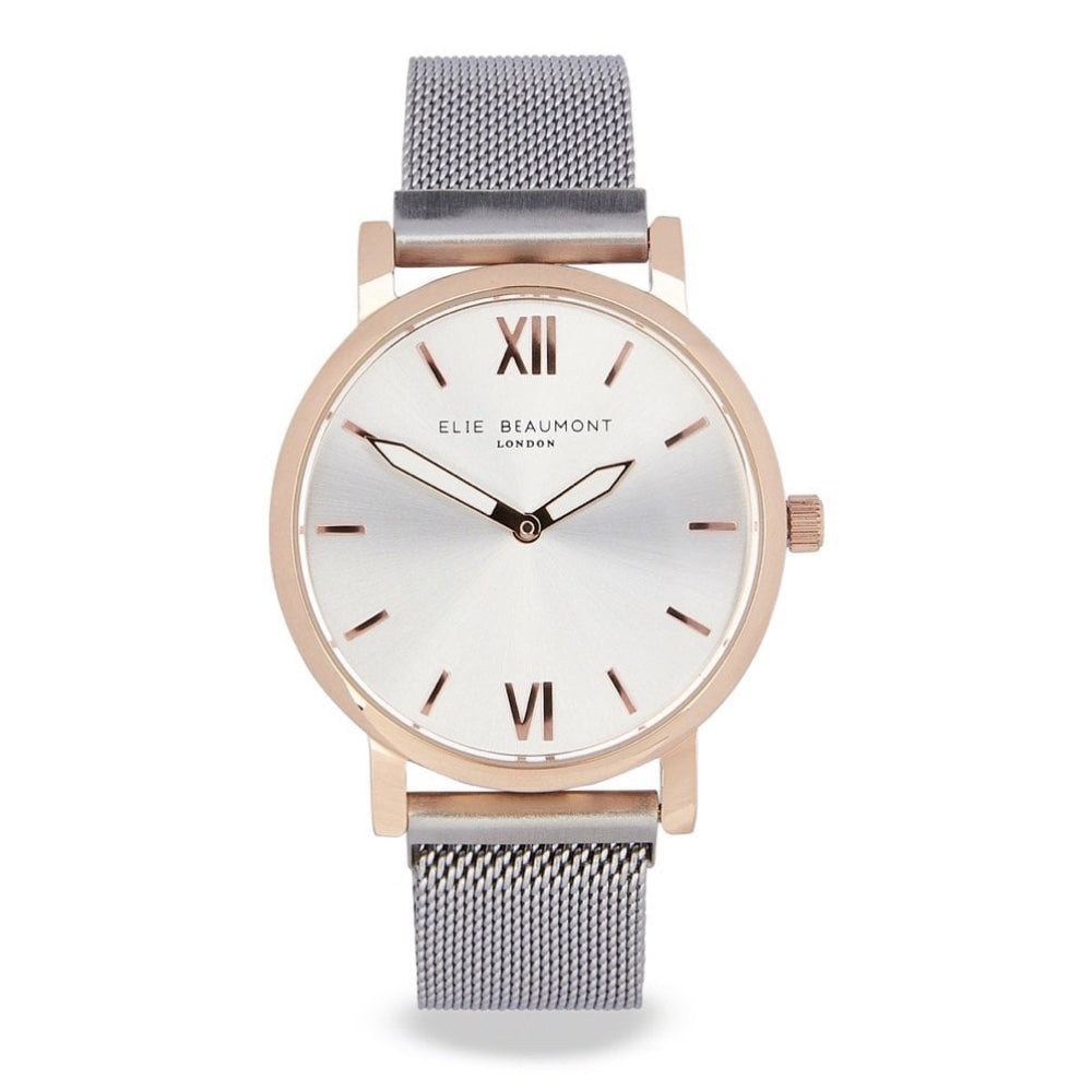 Chelsea Silver Mesh Bracelet Strap With Rose Gold Plated Case & Silver Dial Ladies Watch