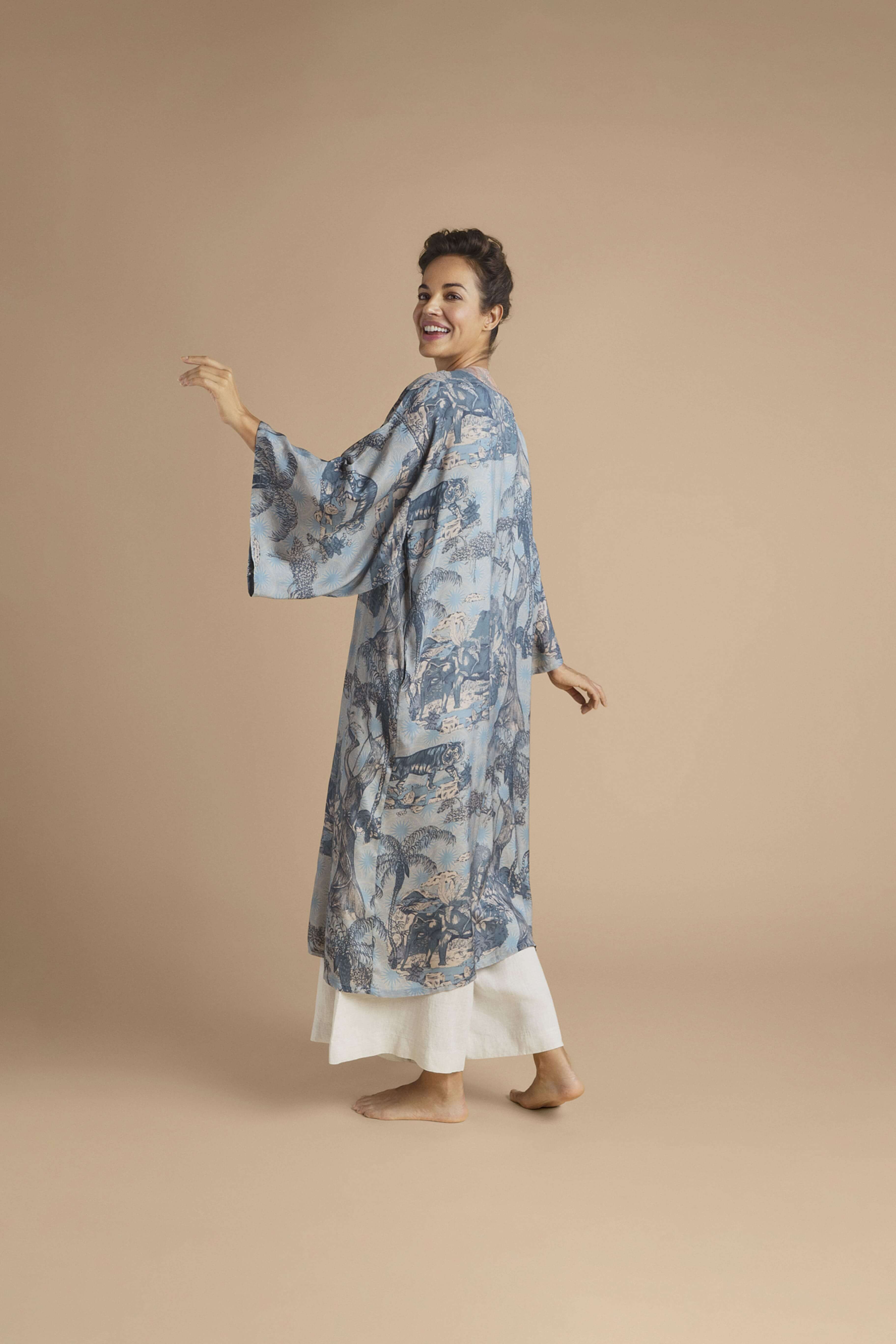 Tropical Toile Kimono Gown - Denim & Petal