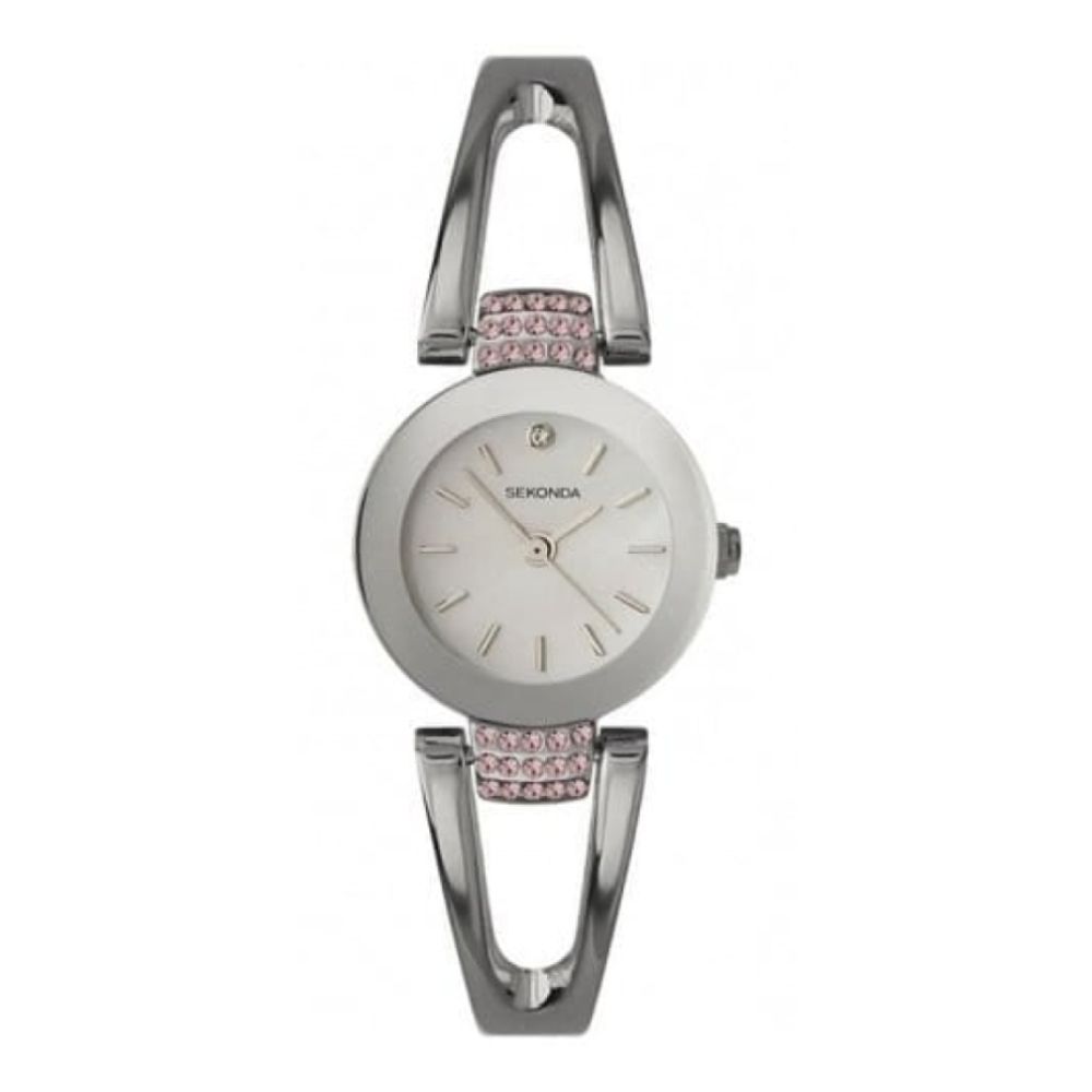 Ladies Stainless Steel With Pink Cubic Zironia Watch