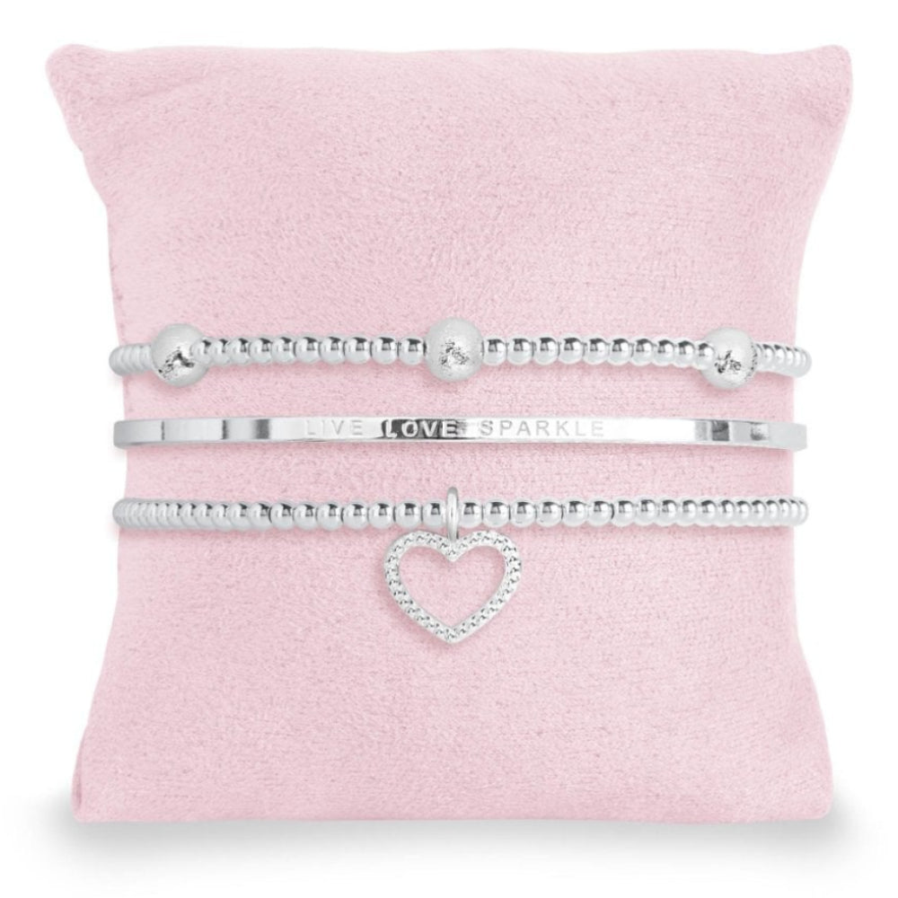 Occasion Gift Box - Live Love Sparkle - x3 Stacking Bracelets - Silver - 17.5cm Adjustable