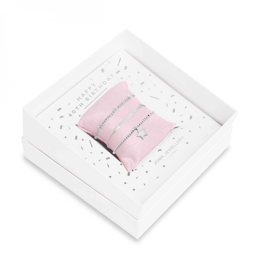 Occasion Gift Box | Happy 40th Birthday | Silver | Bracelets | X2 Bracelet 17.5cm Stretch X1 Bracelet 20cm