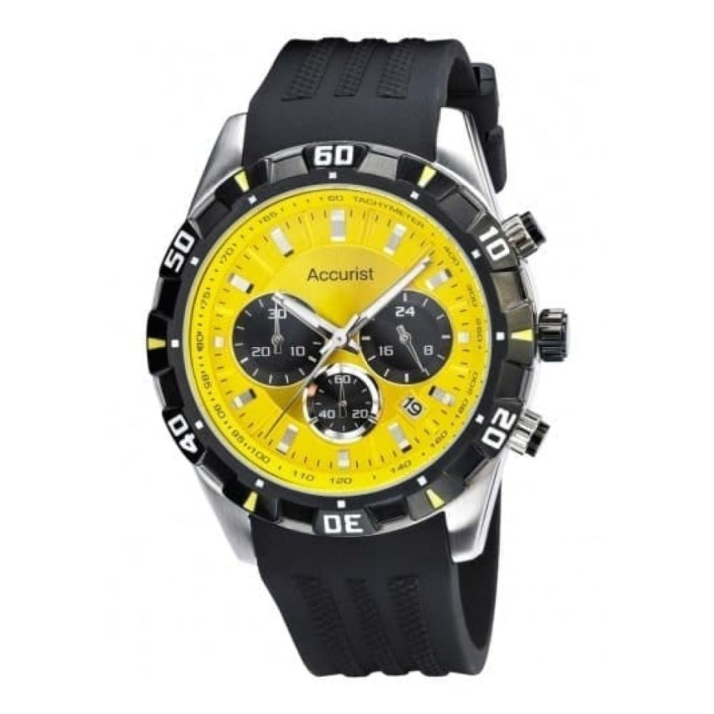 Black Silicone Gents Yellow Chronograph Watch