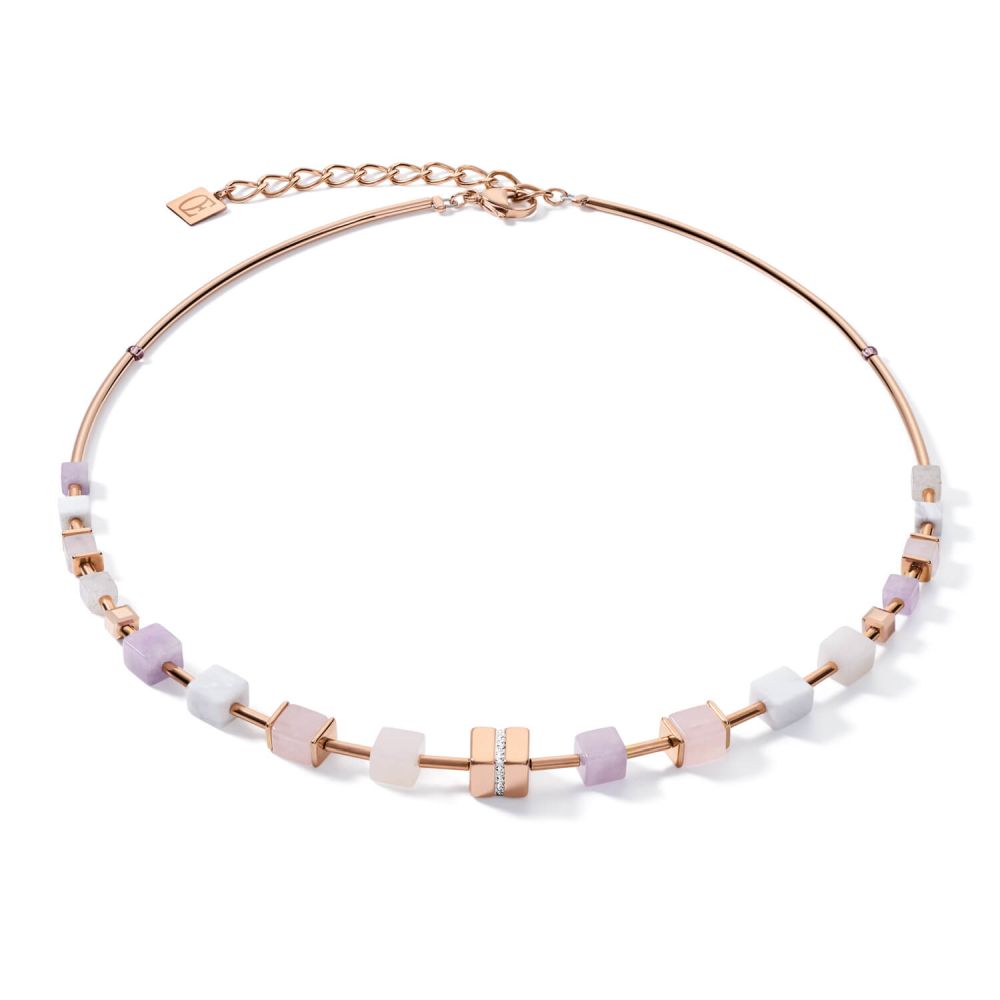 Rose-Beige Big Geo Cubes With Crystals Rose Gold Plated Necklace