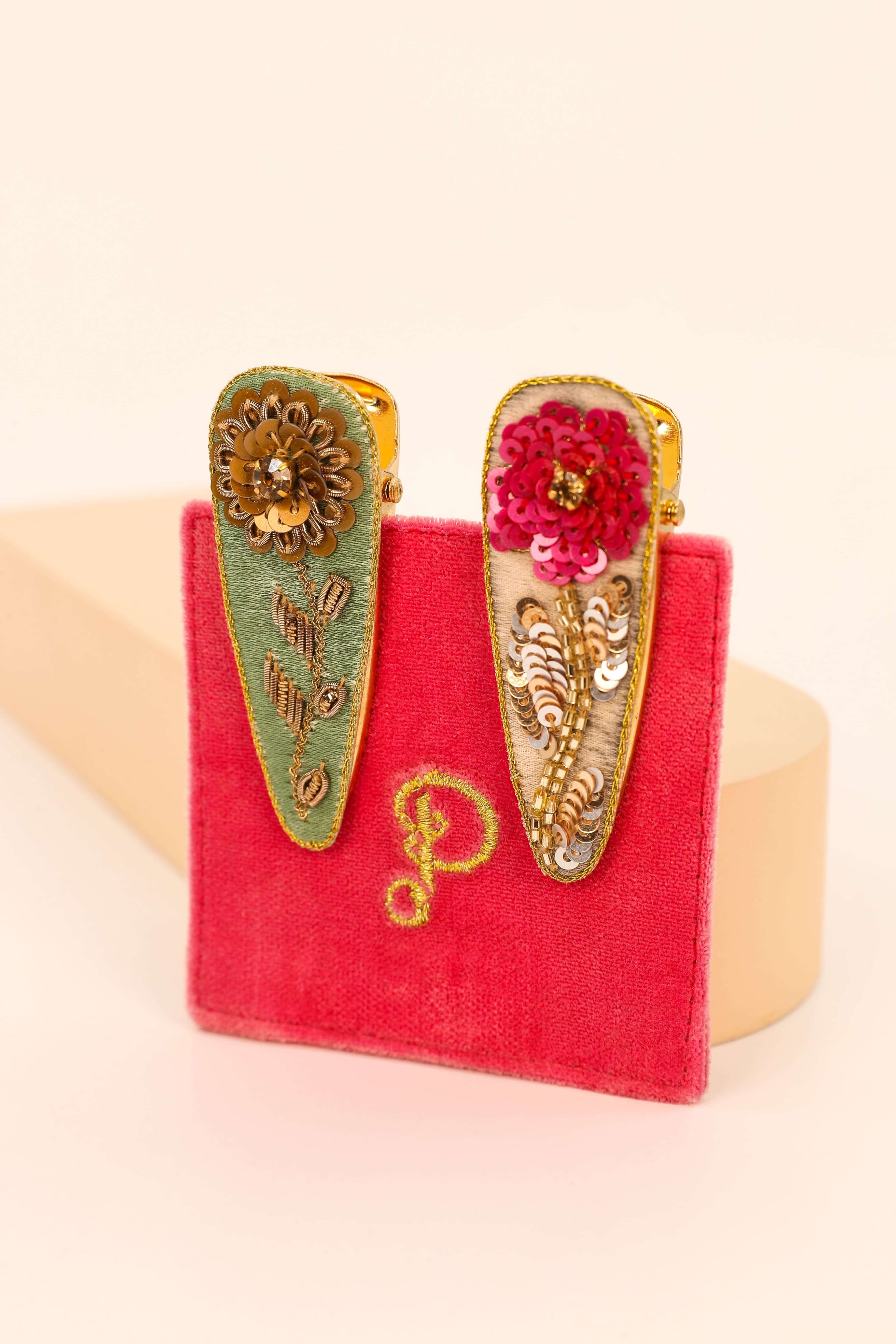 Zinnia In Bubblegum/Sage Jewelled Hair Clips