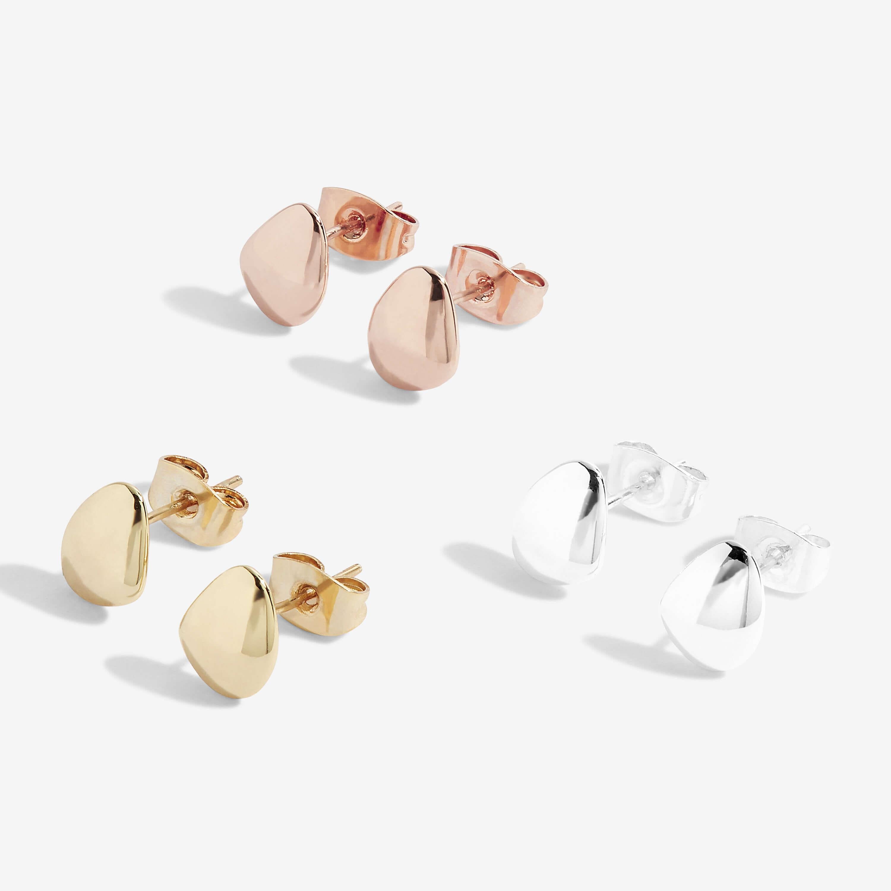 Florence | Pebble Studs | Silver Rose Gold And Gold | Set Of 3 Earrings