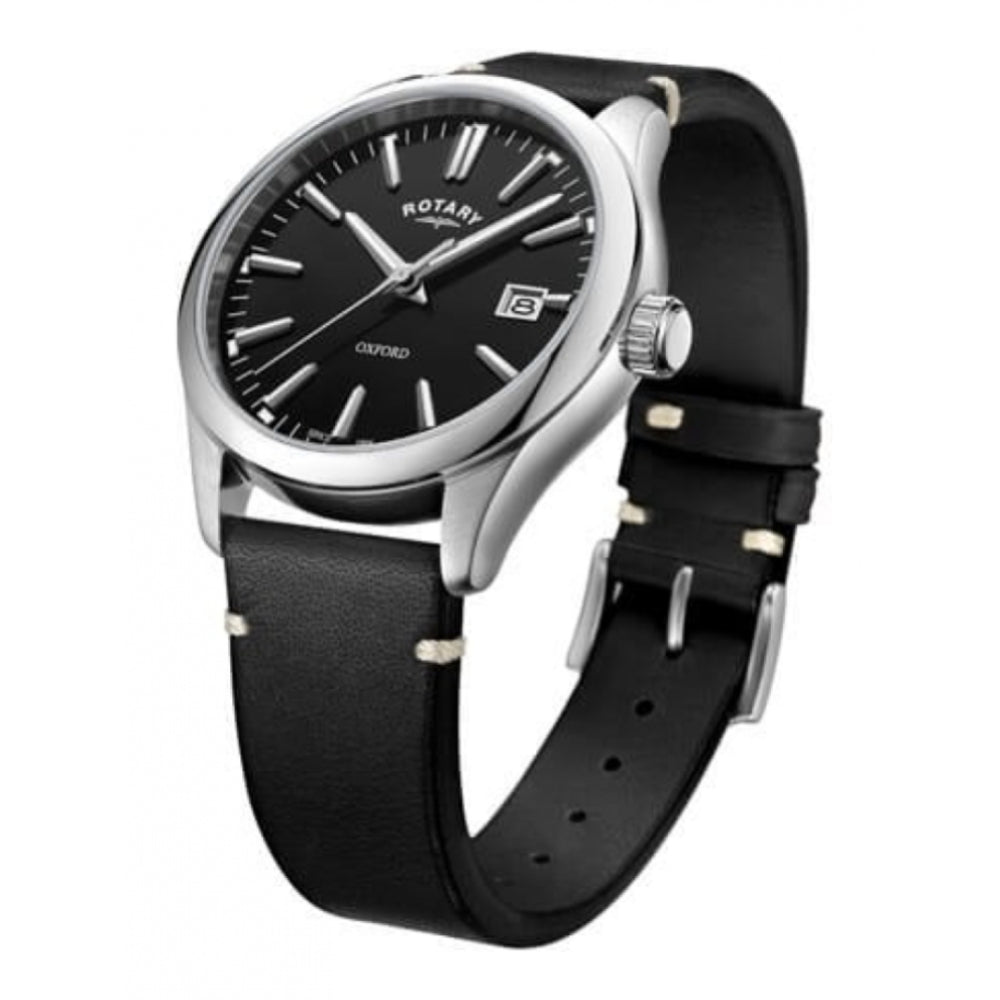 Stainless Steel Case Black Dial & Black Leather Strap Gents Oxford Watch