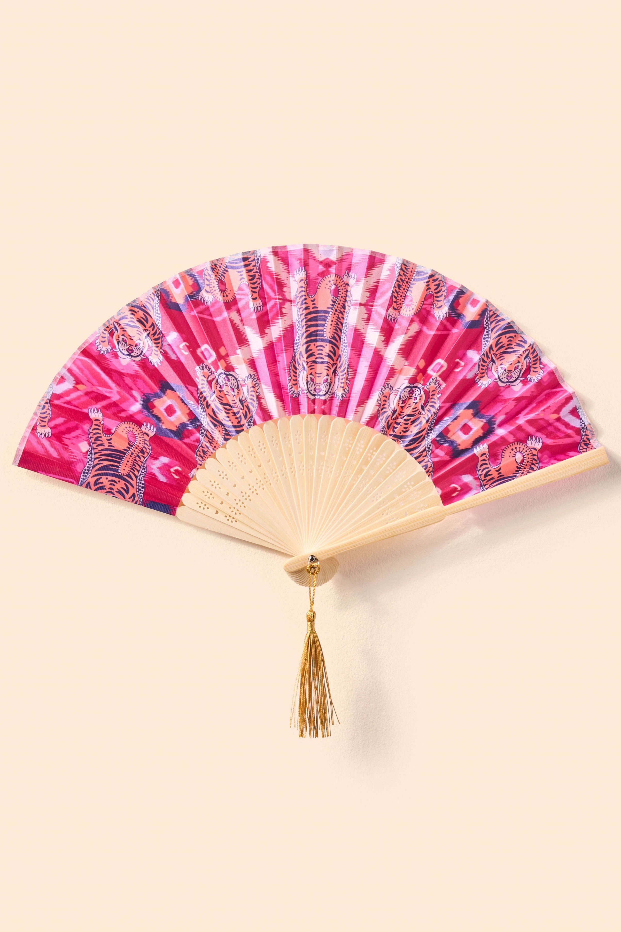 Ikat Tigers Satin Fan - Fuchsia