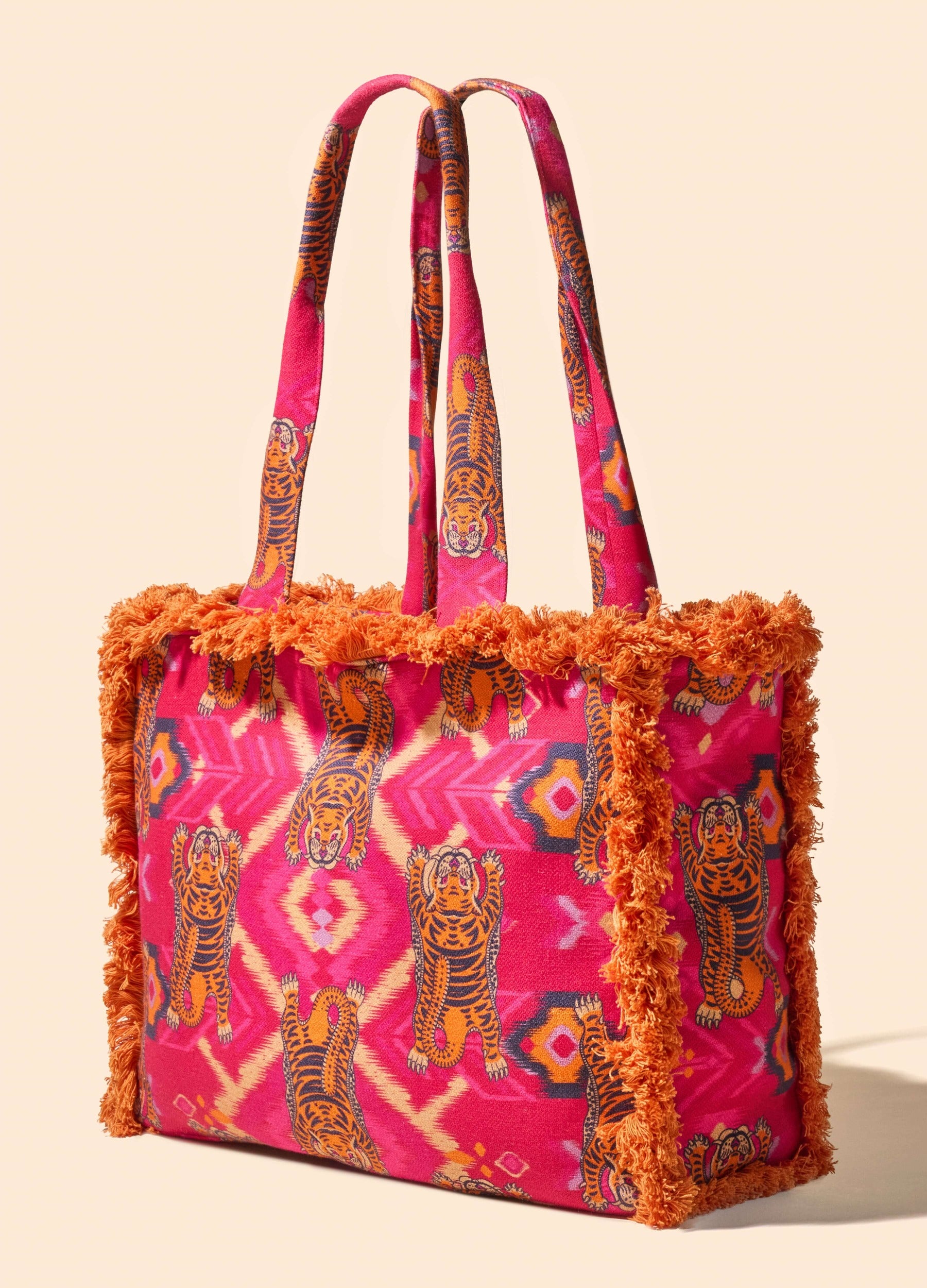 Ikat Tigers Fringed Box Tote - Fuchsia