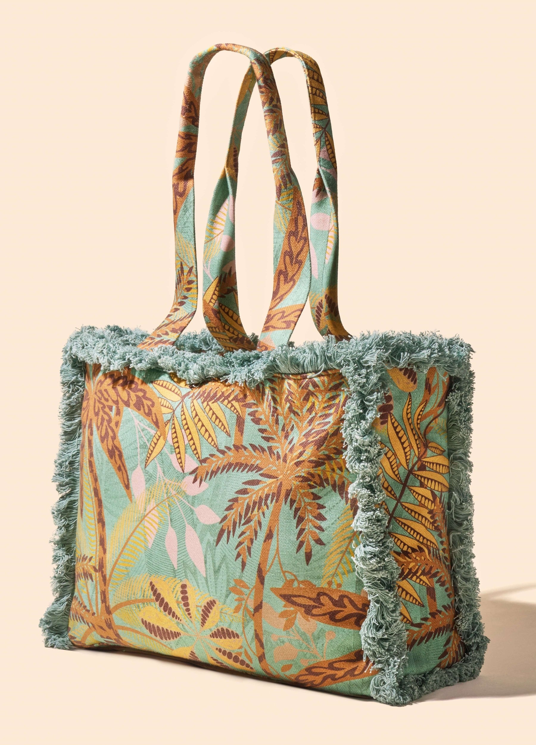Patterned Palms Fringed Box Tote