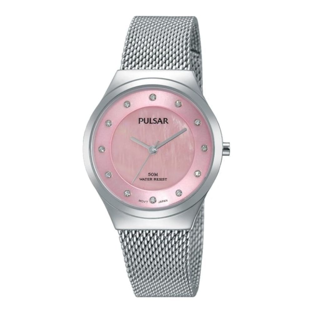 Womens Chrome Mesh Bracelet Watch Pink Face