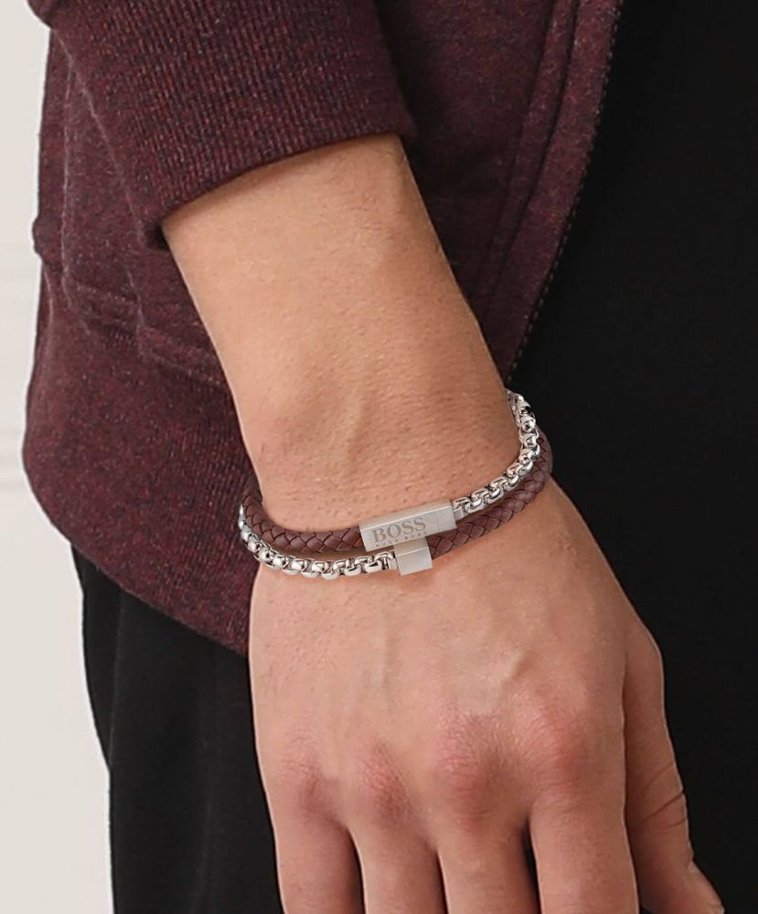Blended Brown Leather & Steel Gents Bracelet