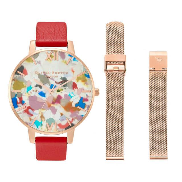 Pop Art Big Dial, Red Eco Vegan & Rose Gold Mesh Watch Strap Gift Set