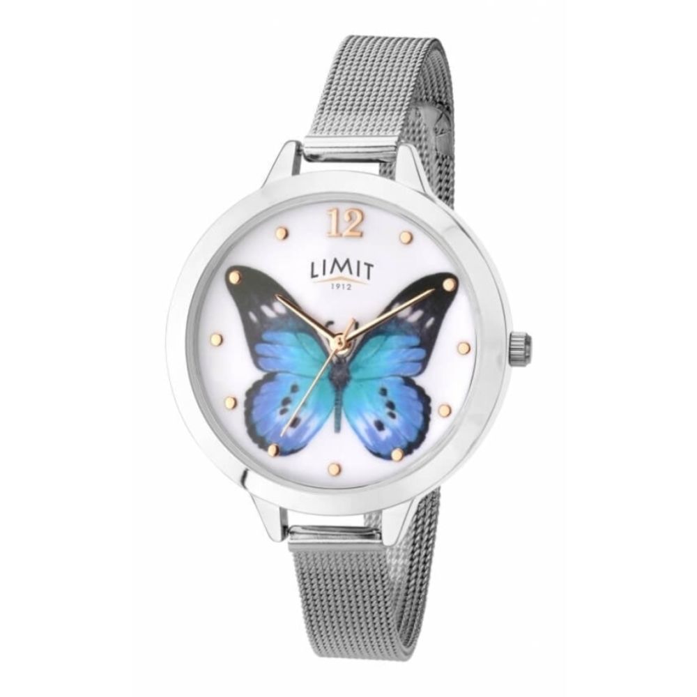 Stainless Steel Matt White Butterfly Print Dial & Mesh Strap Ladies Watch