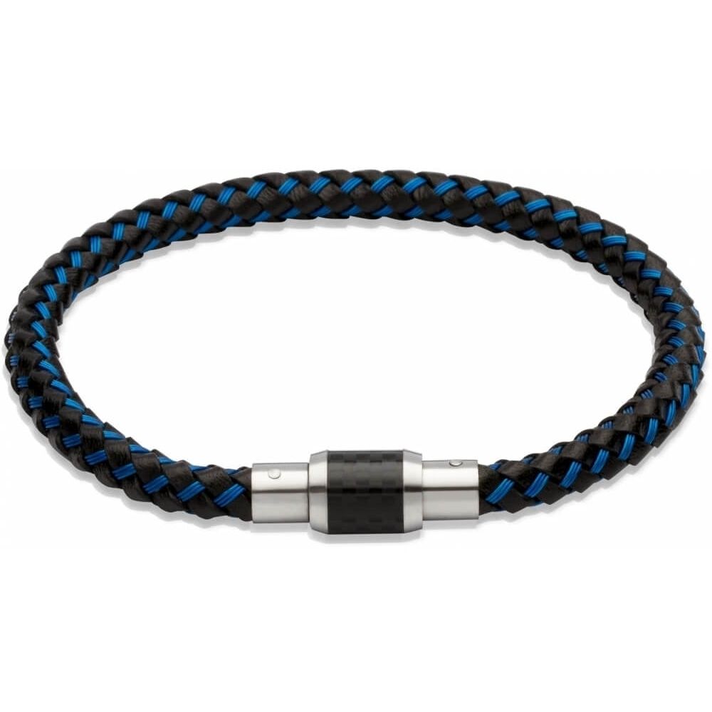 Black Leather Bracelet Blue Steel Wire Magnetic Clasp