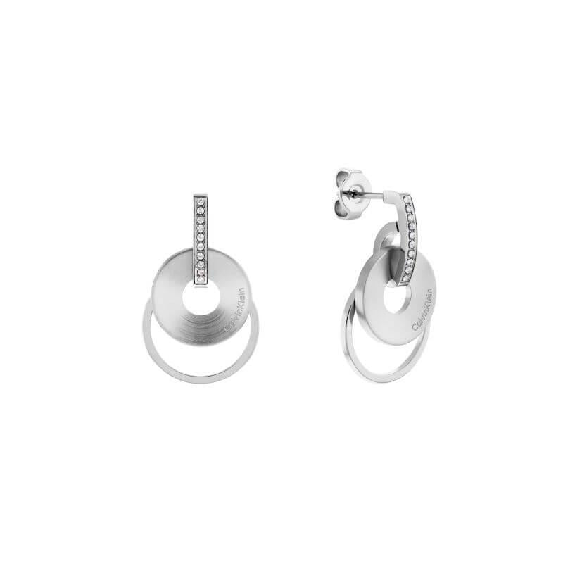 Crystal Set Steel Dangling Disc Charm Earrings